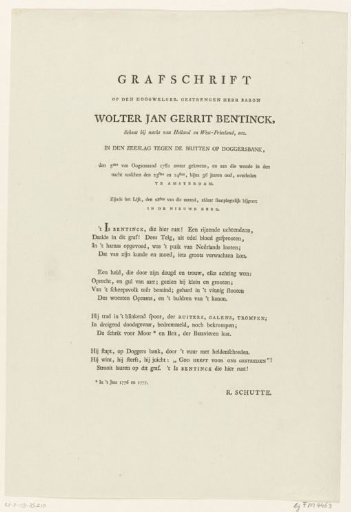 Epitaph on the death of Wolter Jan Gerrit baron Bentinck, 1781