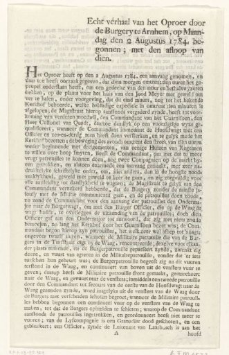 Text sheet with the story of the confrontation between citizen patrol and military patrol in Arnhem, 1784