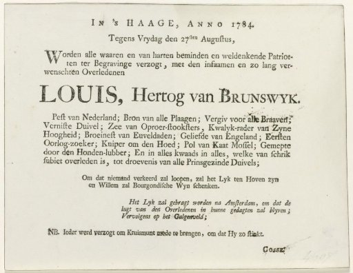 Invitation to the funeral of the Duke of Brunswick, 1784