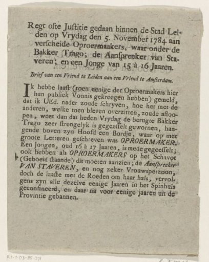 Letter concerning the flogging of the Leiden baker Adriaan Trago, 1784
