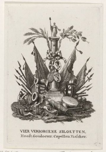 Four silhouettes hidden in a trophy of arms, 1787