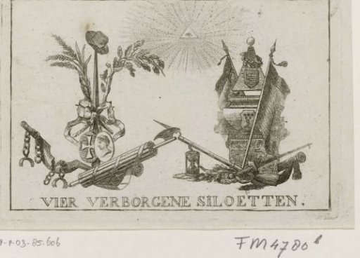 Four silhouettes hidden in two trophies of arms, 1787