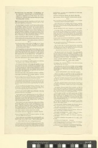 Text sheet with a description of the performances at the theater in The Hague for the fireworks for the Peace of Aachen, 1749
