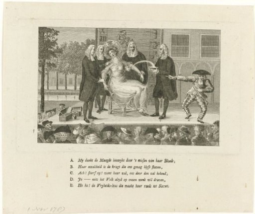 Satirical print on the patriotic quacks who bleed the Dutch Maiden, 1787