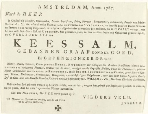 Invitation to the funeral of Kees Salm, 1787