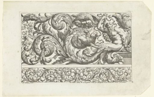 Man, eagle and lion among leafy scrolls