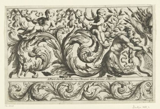 Shield, young man and two amorini among leafy scrolls