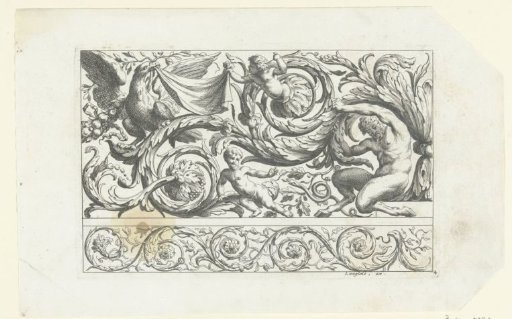 Satyr, eagle and two putti among leafy scrolls
