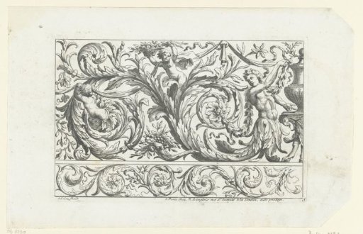 Young man and two putti among leafy scrolls