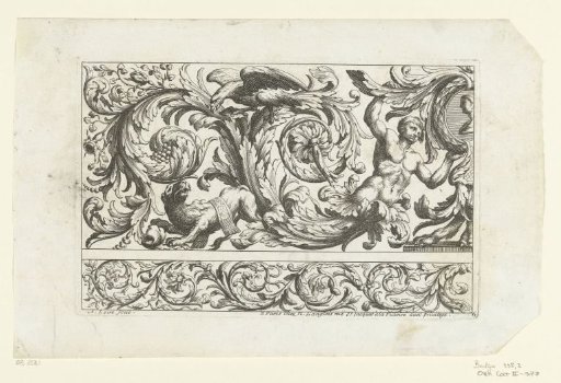 Young man, eagle and lion among leafy scrolls
