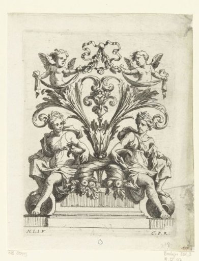 Two women seated on a pedestal