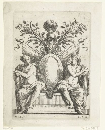 Two women with a trophy of arms