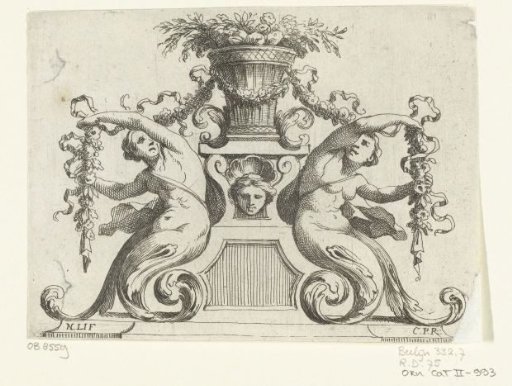 Two sirens beside a basket of flowers