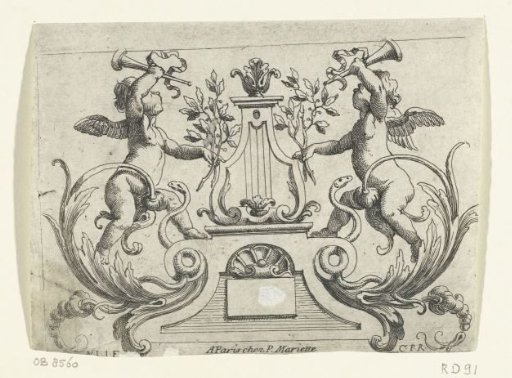 Two cherubs beside a lyre