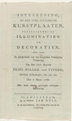 Subscription notice for the prints of the illuminations for the 40th birthday of Prince William V, 1788