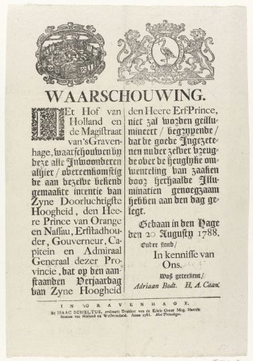 Proclamation of the city of The Hague not to illuminate for the birthday of the hereditary prince on 24 August 1788