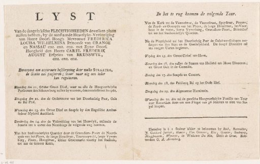 Program of Activities Surrounding the Wedding of Princess Louise of Orange-Nassau with Charles of Brunswick-Wolfenbüttel, 1790