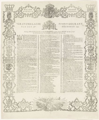's Gravenhaagse Extraordinary Newspaper of 28 December 1792 on the Baptism of Prince Willem Frederik George, 1792
