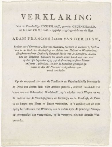 Text Plate Accompanying the Print of the Memorial Pillar for A.F. Baron van der Duyn, 1793