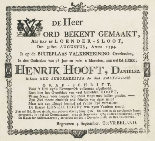 Announcement of the Death of Hendrik Danielsz. Hooft, 1794