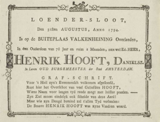 Announcement of the Death of Hendrik Danielsz. Hooft, 1794