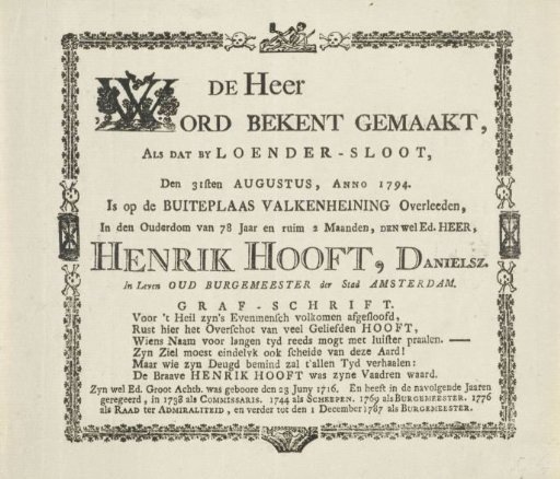 Announcement of the Death of Hendrik Danielsz. Hooft, 1794