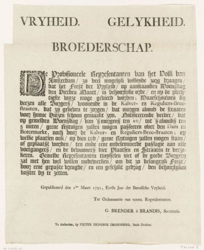 Proclamation of the Provisional Representatives of the People of Amsterdam, 1795