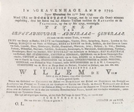 Funeral notice of the titles of the Prince of Orange, 1795