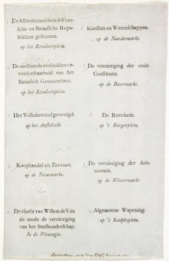 Sheet with inscriptions of the decorations for the Alliance Festival in Amsterdam, 1795
