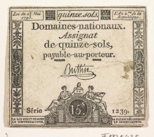 Assignat of fifteen sols, 1793