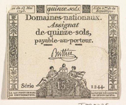 Assignat of fifteen sols, 1793