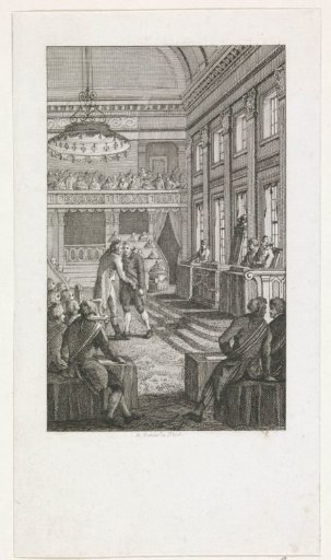 Chairman Midderigh of the National Assembly gives the French envoy De La Croix the fraternal kiss, 1798