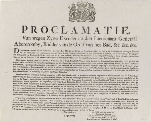 Proclamation of General Abercromby to the Inhabitants of the Netherlands, 1799