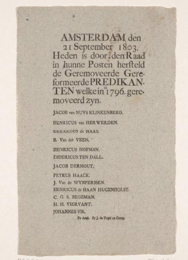 Printed list of the names of the Reformed ministers removed in 1796, 1803
