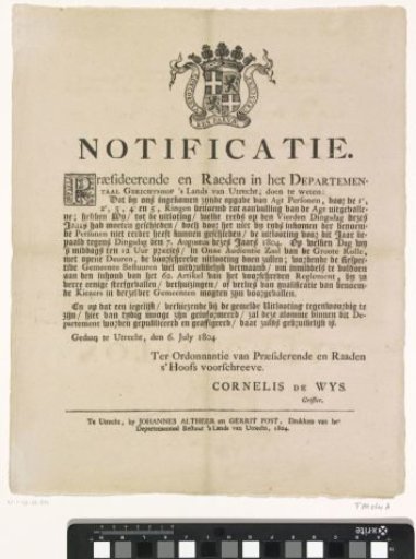 Notification of the Lottery Draw of the Court of Appeal of Utrecht on 7 August 1804