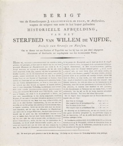 Notice of subscription for the print of the deathbed of Prince William V, 1806
