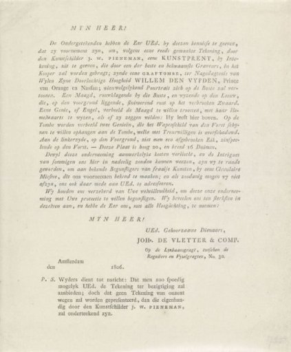 Announcement of a Print in Memory of Prince William V, 1806