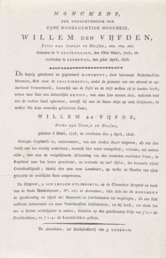 Explanation of the Print with the Allegorical Monument to Prince William V, 1806