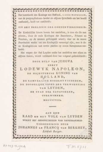 Explanation accompanying the print with the bust of King Louis Napoleon, 1808