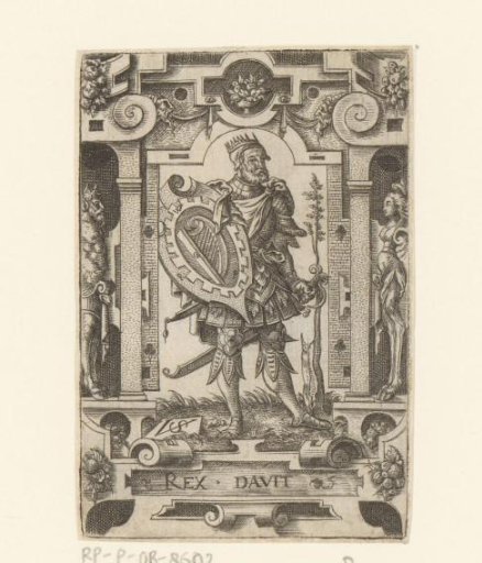 David with coat of arms in scrollwork frame