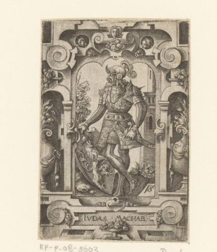 Judas Maccabaeus with coat of arms in scrollwork frame
