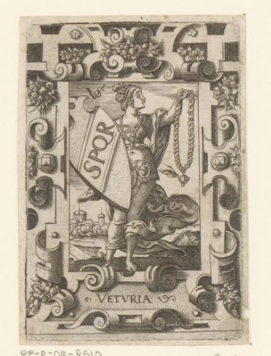 Veturia with coat of arms in scrollwork frame
