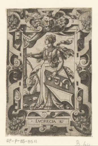 Lucretia with coat of arms in scrollwork frame