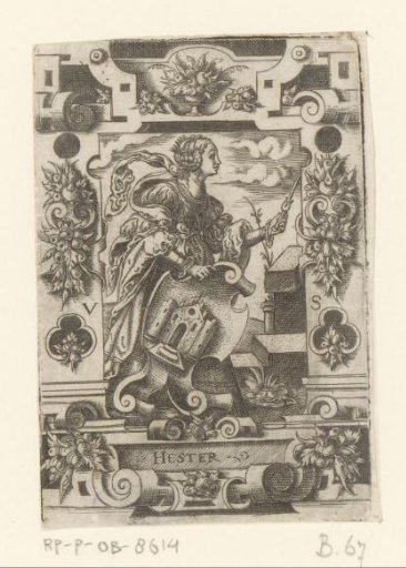 Esther with coat of arms in scrollwork frame