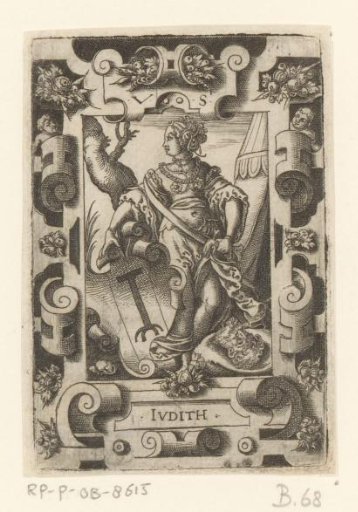 Judith with coat of arms in scrollwork frame