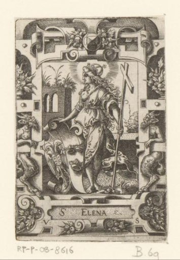 Helena with coat of arms in scrollwork frame