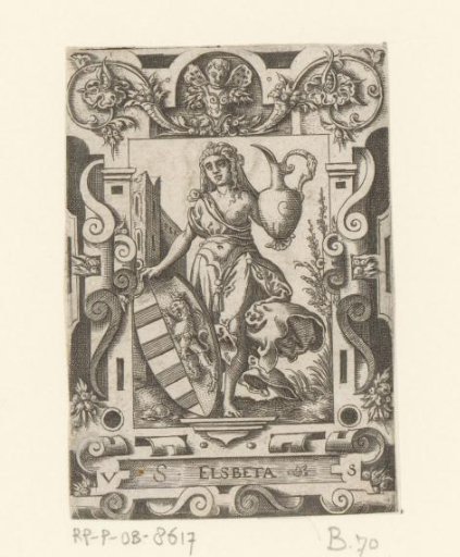 Elizabeth of Hungary with coat of arms in scrollwork frame