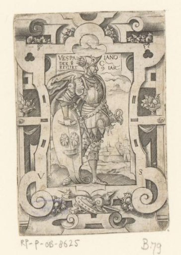 Emperor Vespasian in scrollwork frame