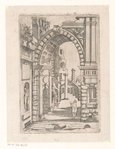 Sketcher standing under a ruined arch