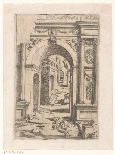Seated sketcher in front of a ruined arch